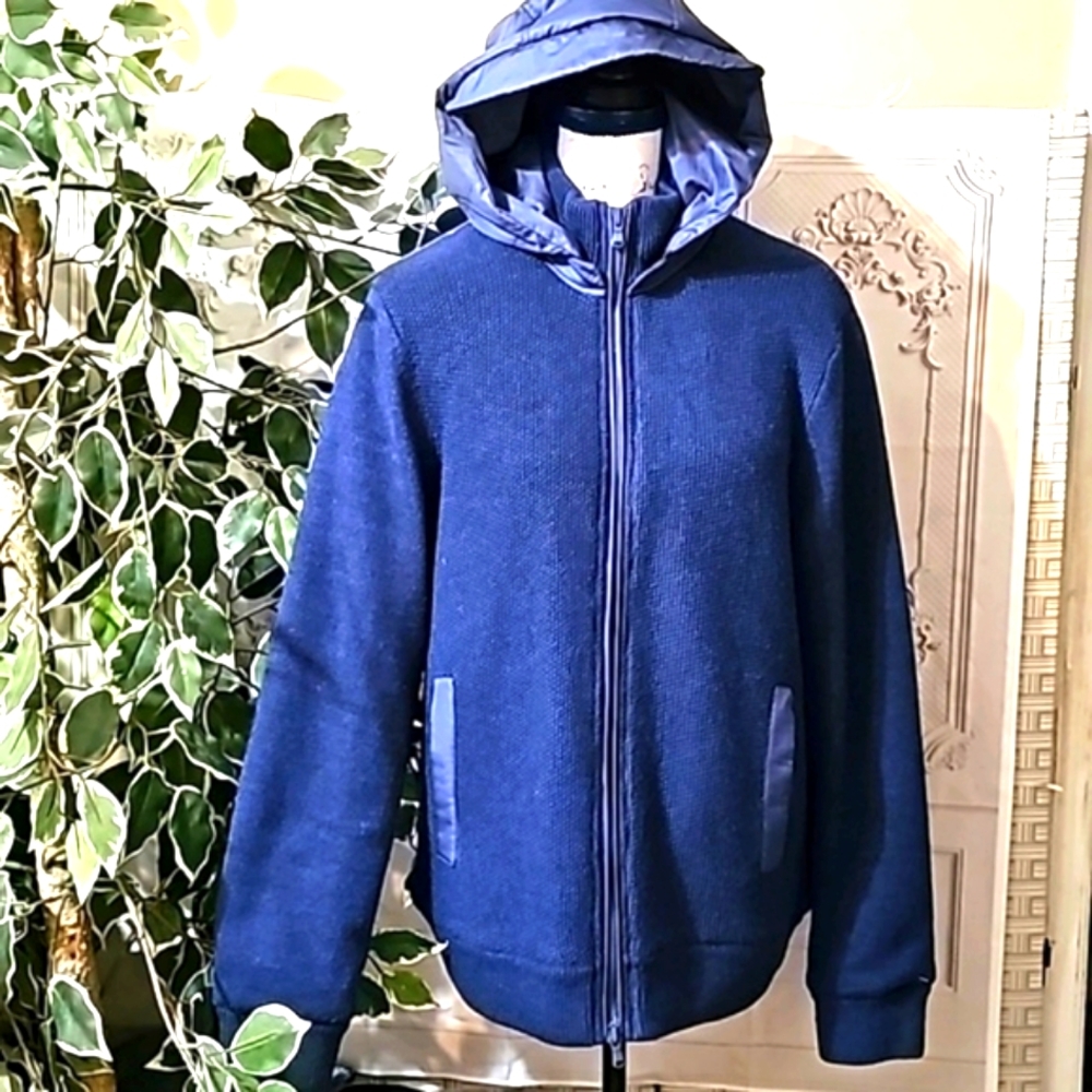 Zachary Prell Navy Fleece Lined Wool Jacket with Hoodie Large